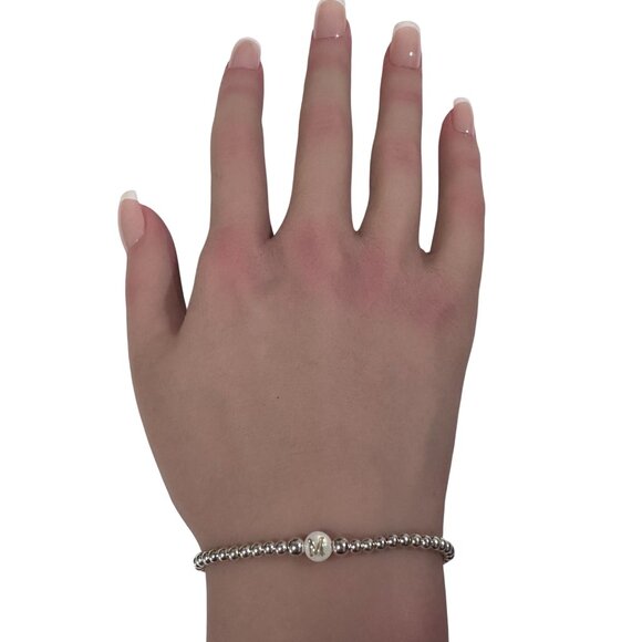925 Sterling Silver Beaded Stretch Stacking Bracelet MOP Letter Initial M - Picture 3 of 6